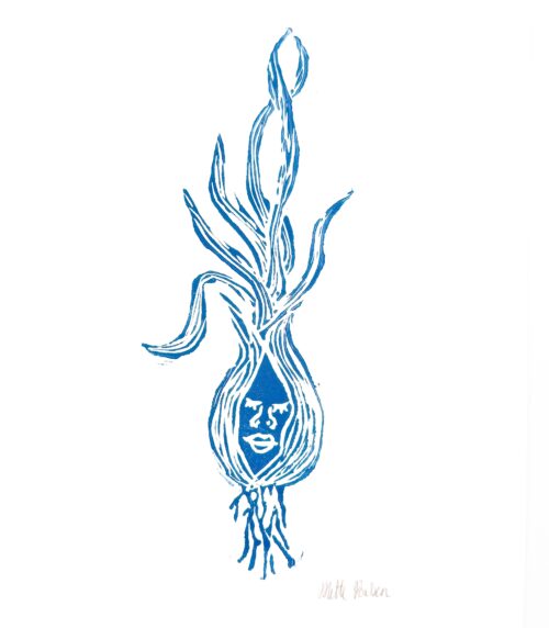 Kunstværket er et linoleumstryk i blå, der forestiller en løgplante med ansigtstræk, hvor plantens rødder og blade symboliserer vækst og liv. Værket er signeret i nederste hjørne af kunstneren, Mette Poulsen
