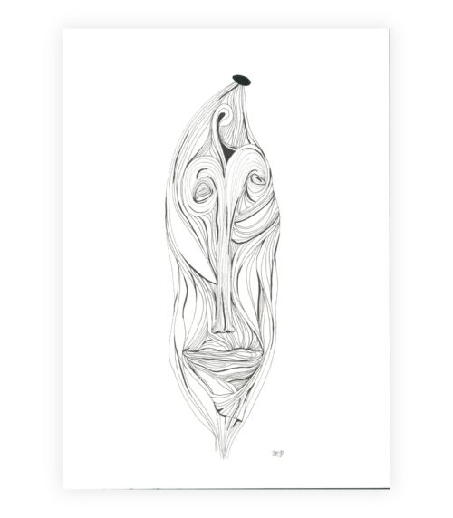 Hele værket Bag Facaden – et sort/hvidt kunstværk i portrætformat med abstrakte, strømmede linjer.