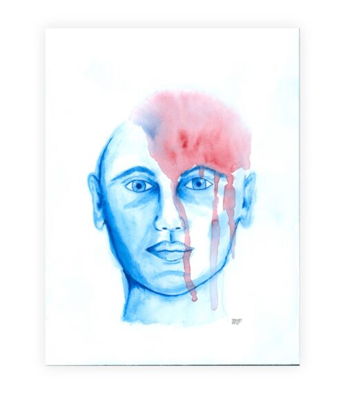 Kunstværket “Bristepunkt” i blå og rød akvarel. Viser et menneskeansigt med et udtryk af kontrol og uro, mens rød farve løber ned fra hovedet som et visuelt udtryk for psykisk overbelastning.