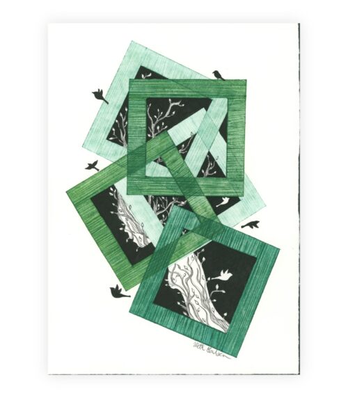 Højtopløst billede af kunstværket "Bryd Ud", hvor grønne rammer skaber lag over sorte og hvide elementer med grene og fugle.