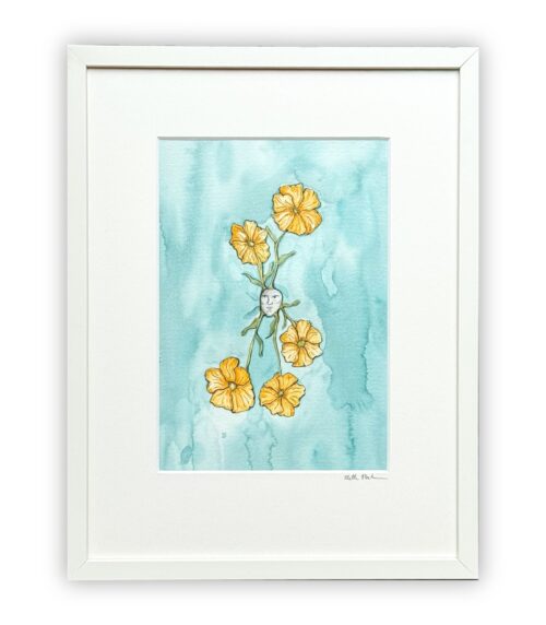 Indrammet akvarel med seks gule blomster, grønne stilke og en rodform med et menneskeansigt, sat på blå akvarelbund.