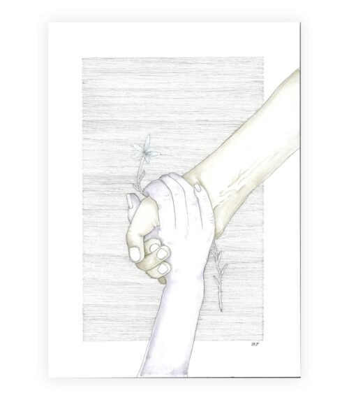 Frilagt kunstværk med to hænder, der holder fast i hinanden – en lille blomst spirer mellem dem.