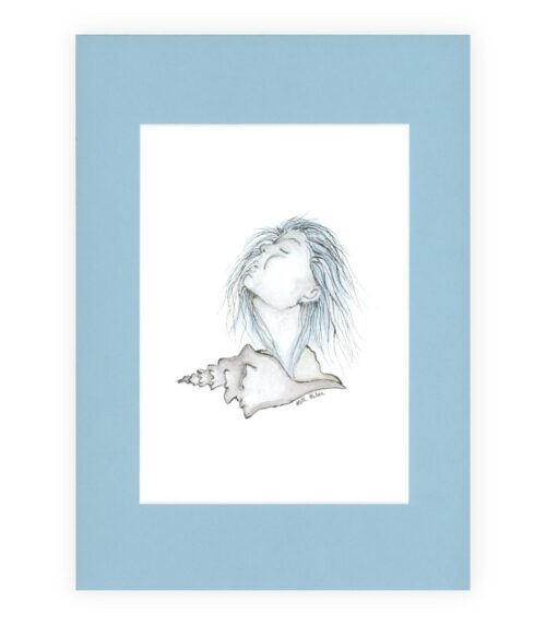 Kunstværket “Mit eget ekko” med lyseblå passepartout. En kvinde vokser ud af en konkylie med lukkede øjne og vinden i håret – et billede på indre fordybelse og selvopdagelse.