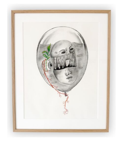 Kunstværket "Se på dit indre" vist i ramme med hvid baggrund og egetræsramme.