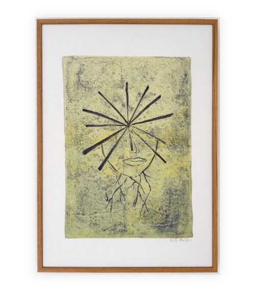 Akustikbillede med grønlig baggrund og grafisk ansigt med lysstrålelignende linjer, indrammet i egetræ.