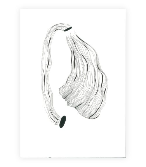 Sort-hvid illustration af en kvindesilhuet med flydende linjer, der symboliserer transformation og flow.