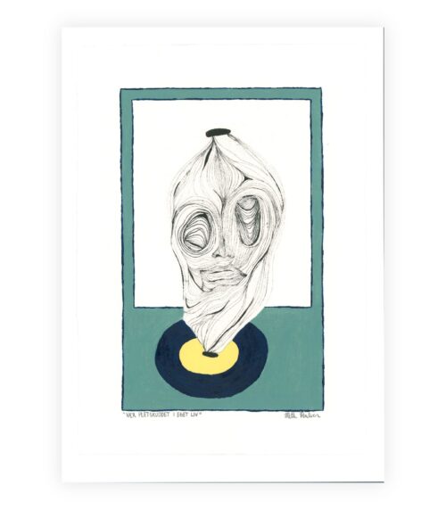 Bemalet xerolitografi af et abstrakt ansigt med sorte organiske linjer og spiralformer, der lander i en cirkelformet farvekonstellation. Titel og signatur ses nederst.