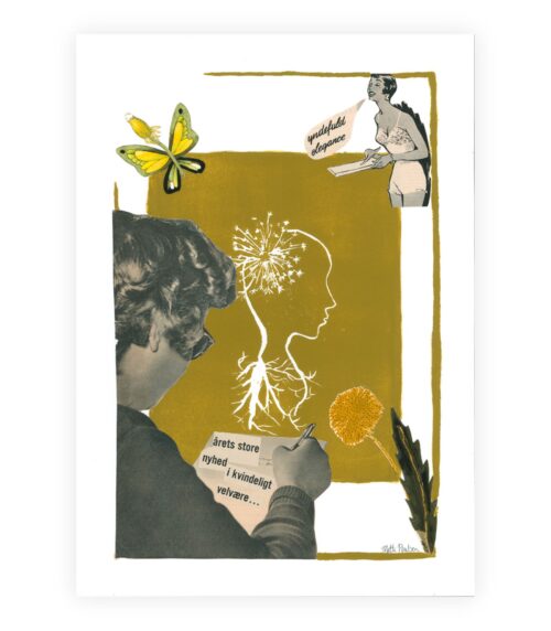 Yndefuld elegance' kombinerer collage og linoleumstryk for at fremhæve kvinders styrke, sammenhold og muligheden for at skabe mirakler gennem støtte.