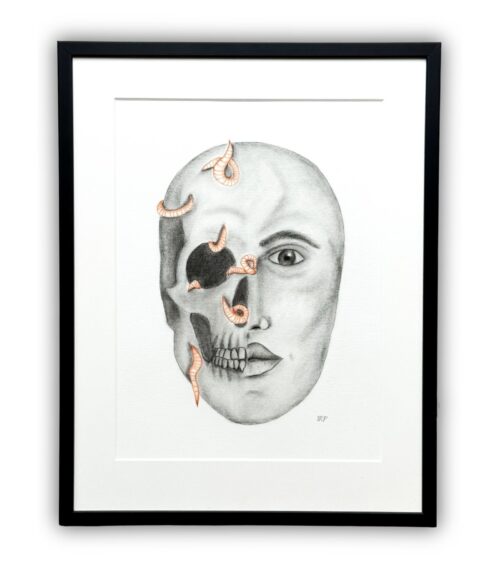 Kultegning i sort ramme, der viser et halvt levende ansigt og halvt kranium med orm. Titlen er “Den enes brød, den andens død”.