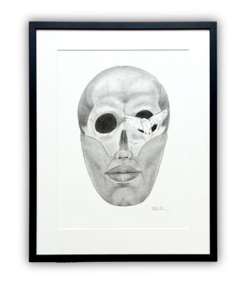 Kultegning i sort ramme. Ansigt i form af et kranium med hvid fugl, der flyver ud. Monteret med hvid passepartout og artglas.