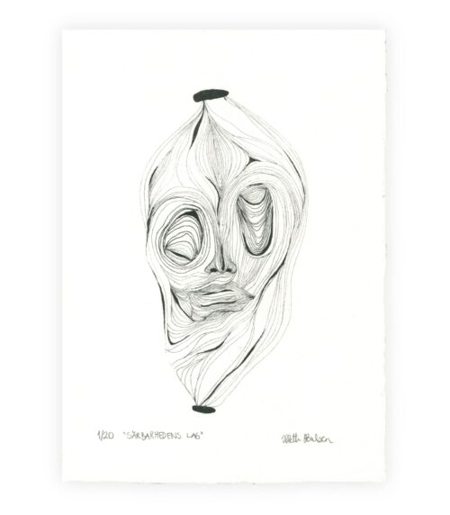 Xerolitografi af et abstrakt ansigt i sort-hvide linjer, hvor formerne symboliserer menneskets mange lag og indre styrke.