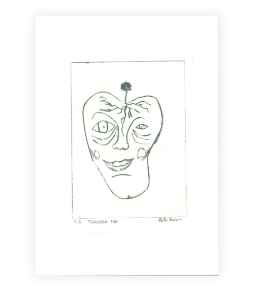 Koldnålsradering med abstrakt ansigt og spirende frø fra panden. Kunstværket “Tankers frø” symboliserer bevidsthed, tanker og indre vækst.